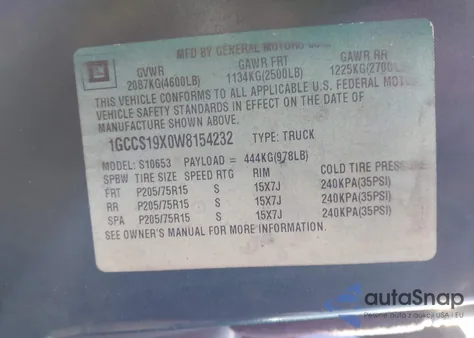 1998 Chevrolet S-10 Ls Sportside z USA, uszkodzony, nr VIN 1GCCS19X0W8154232